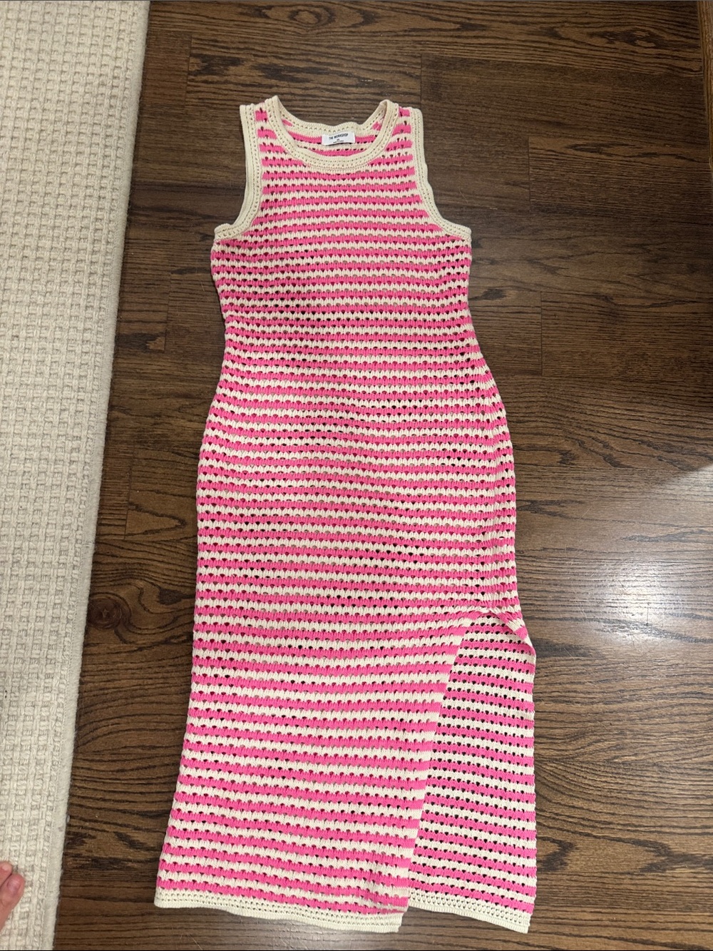 Vici Pink and Cream Crochet Striped Midi Dress